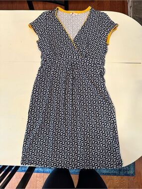 Boden Navy Geometric Wrap Dress with Yellow Trim